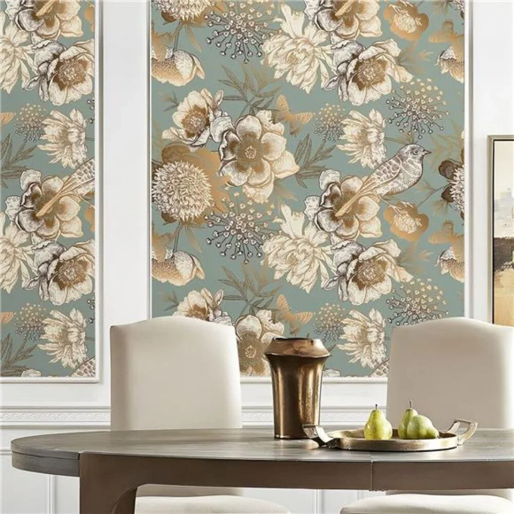 LACHEERY Blue and Gold Vintage Floral Wallpaper Peel and Stick Vintage Flower